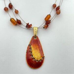 Chico’s Orange & Amber Multi-Strand Necklace with Teardrop Pendant